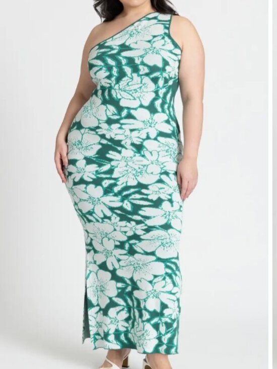 Eloquii Dresses & Skirts - ELOQUII INTARSIA FLORAL ONE SHOULDER SWEATER DRESS GREEN WHITE PLUS SIZE 18/20